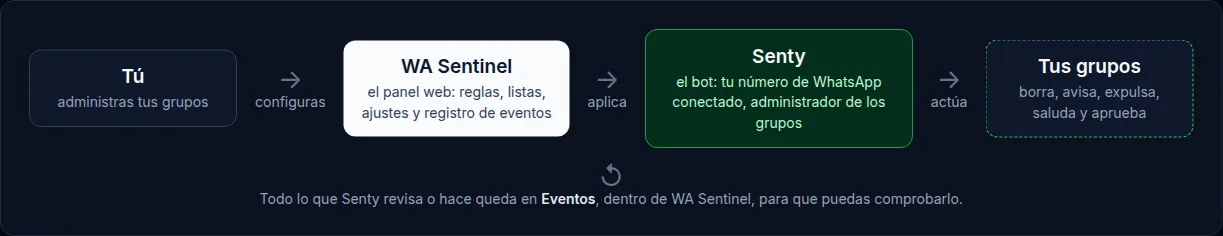 Cómo se relacionan tú, WA Sentinel, Senty y tus grupos