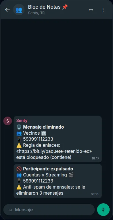 El reporte en el grupo de administración