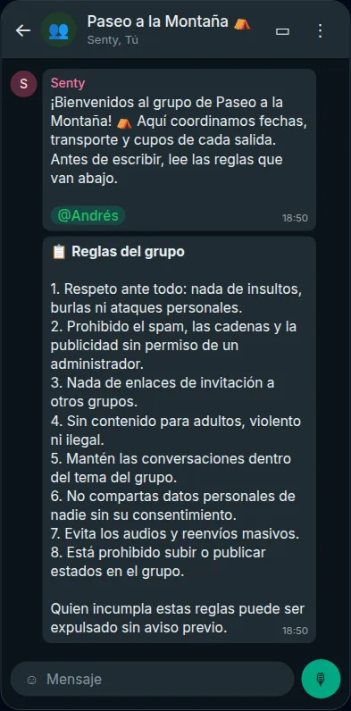 La bienvenida en el grupo