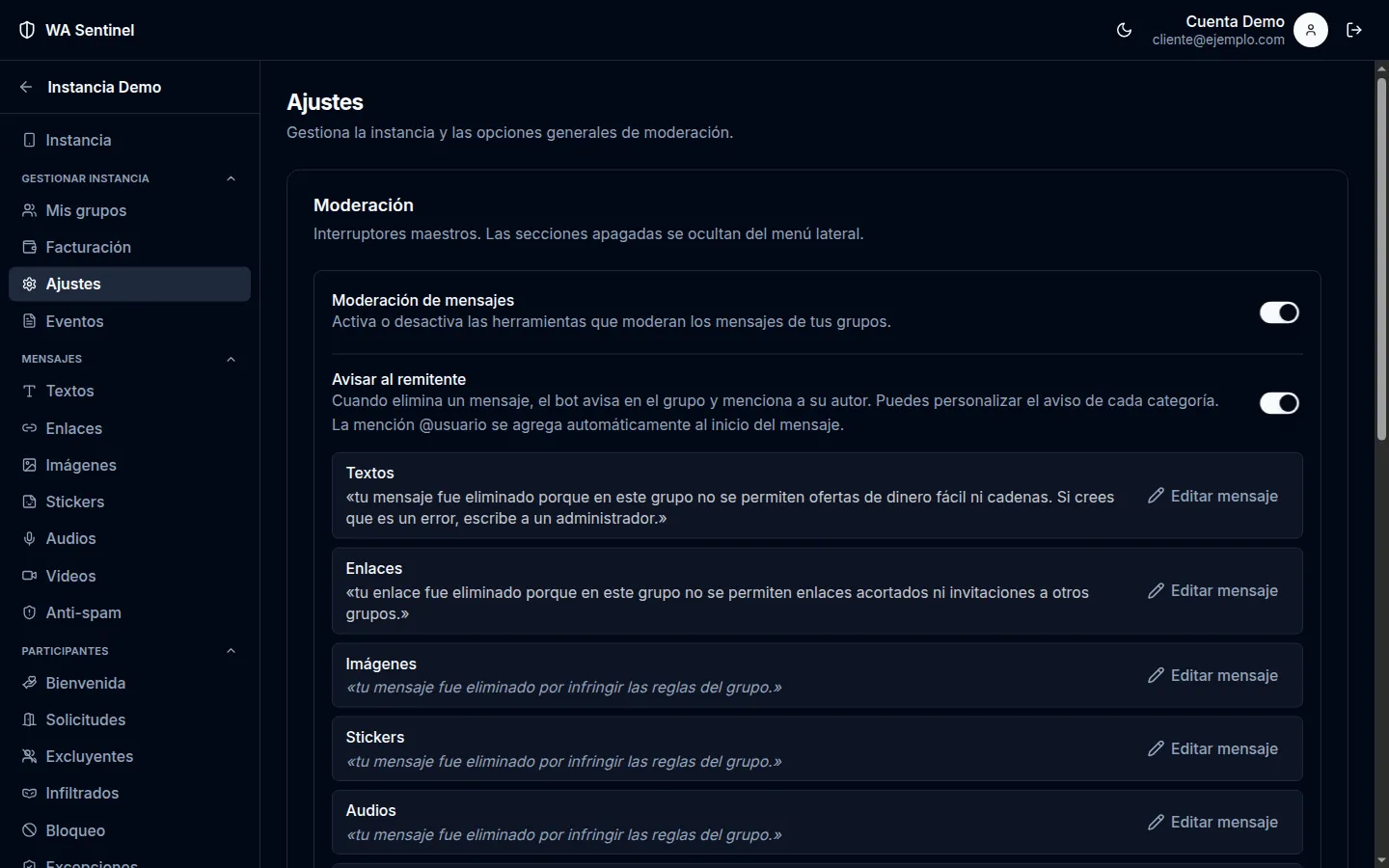 Ajustes: moderación de mensajes y avisos