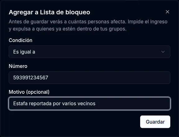 Agregar a la lista de bloqueo