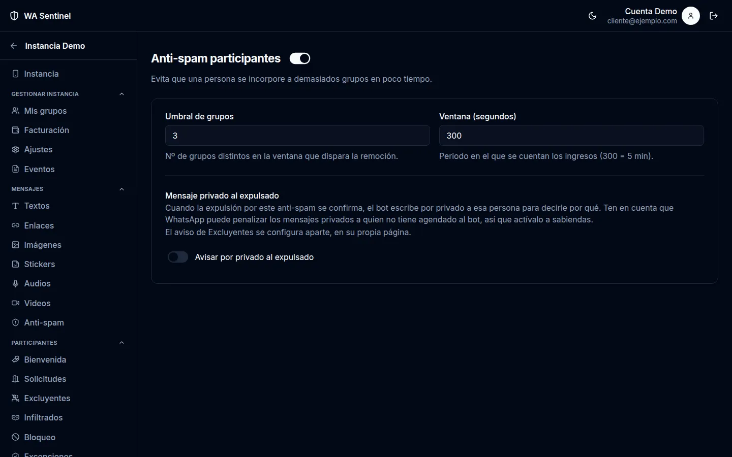 Anti-spam de participantes